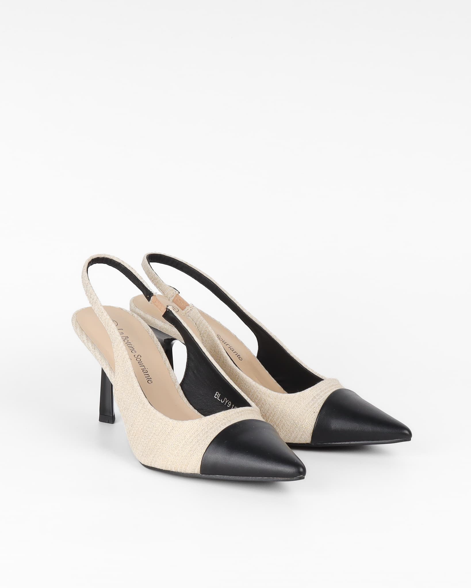 Slingback français tissu beige et doré en textile