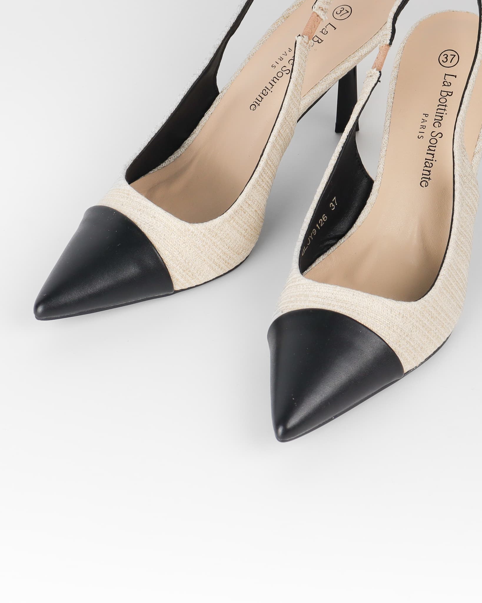 Slingback français tissu beige et doré en textile