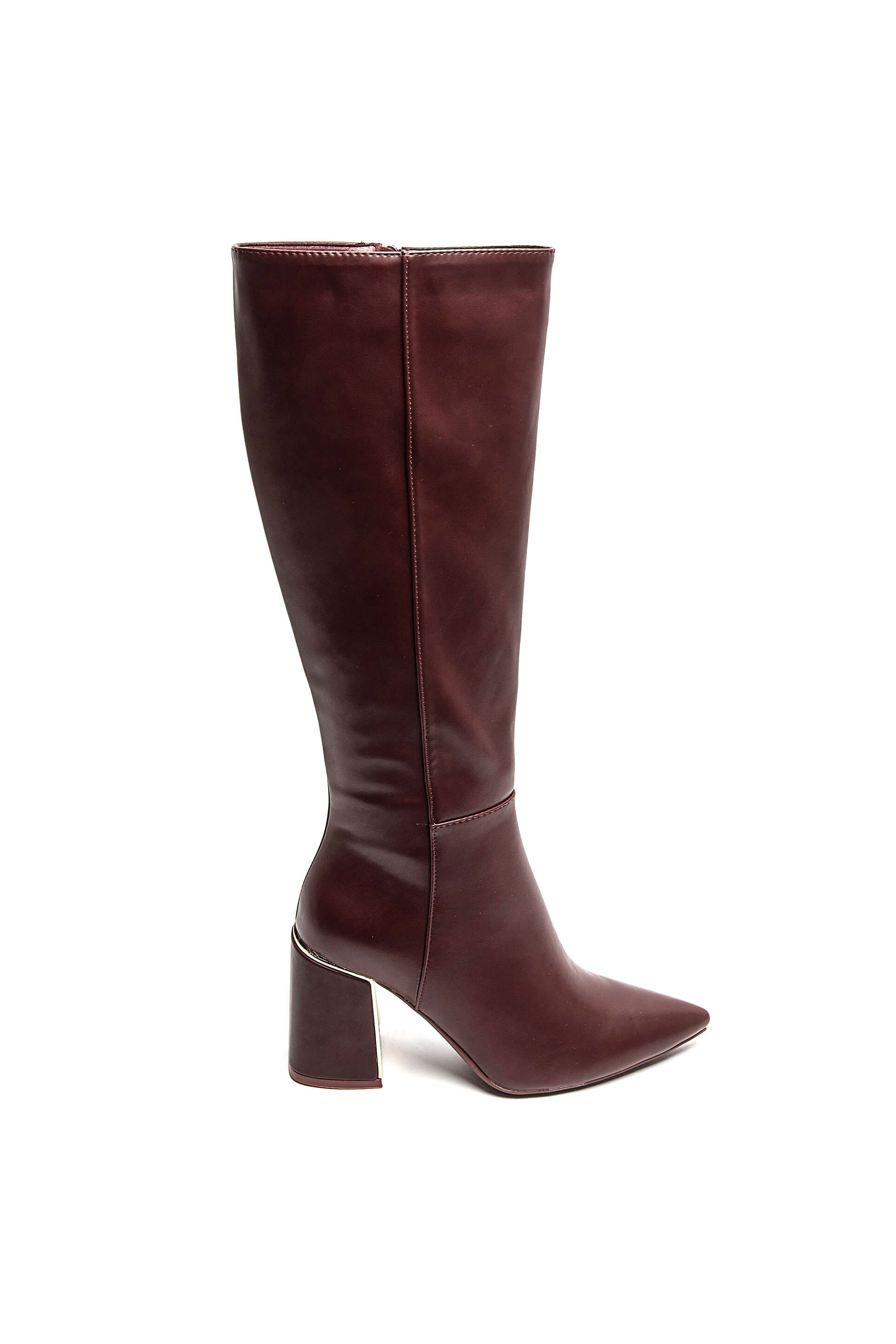 Botte Haute Bordeaux à Talon Bloc avec Détail Doré