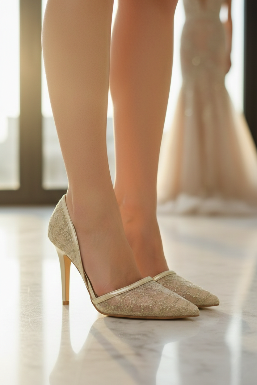 Escarpins D’Orsay en Dentelle Dorée et Pailletée