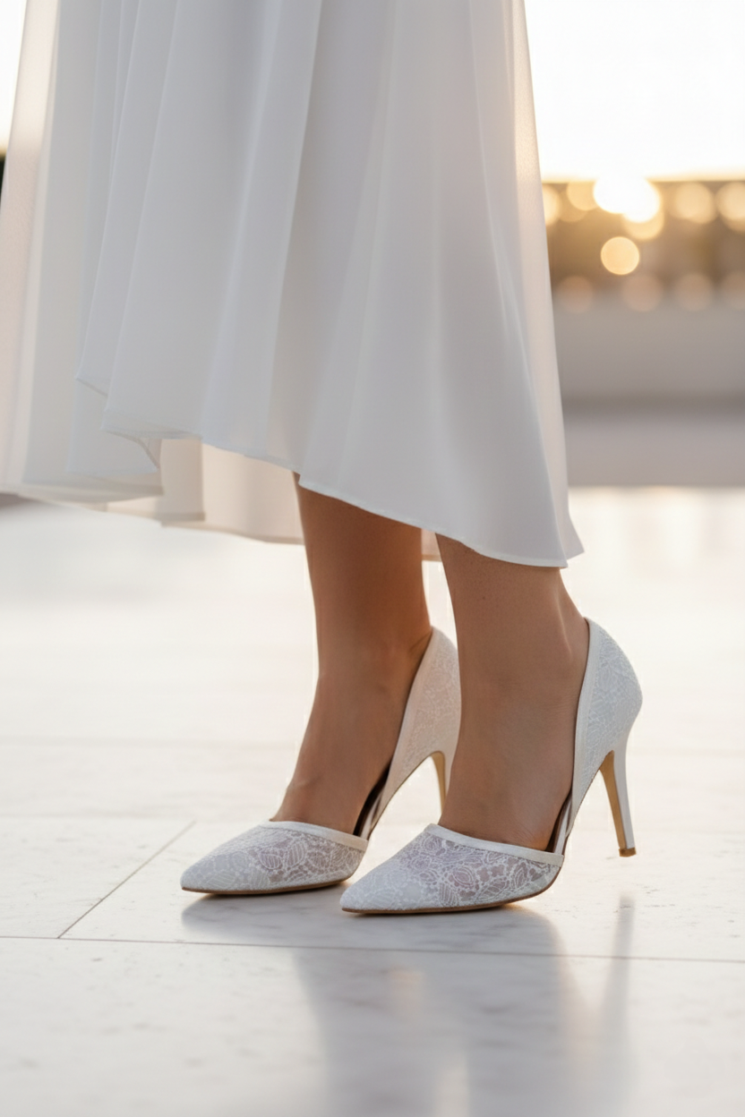 Escarpins D’Orsay en Dentelle Blanc et Pailletée
