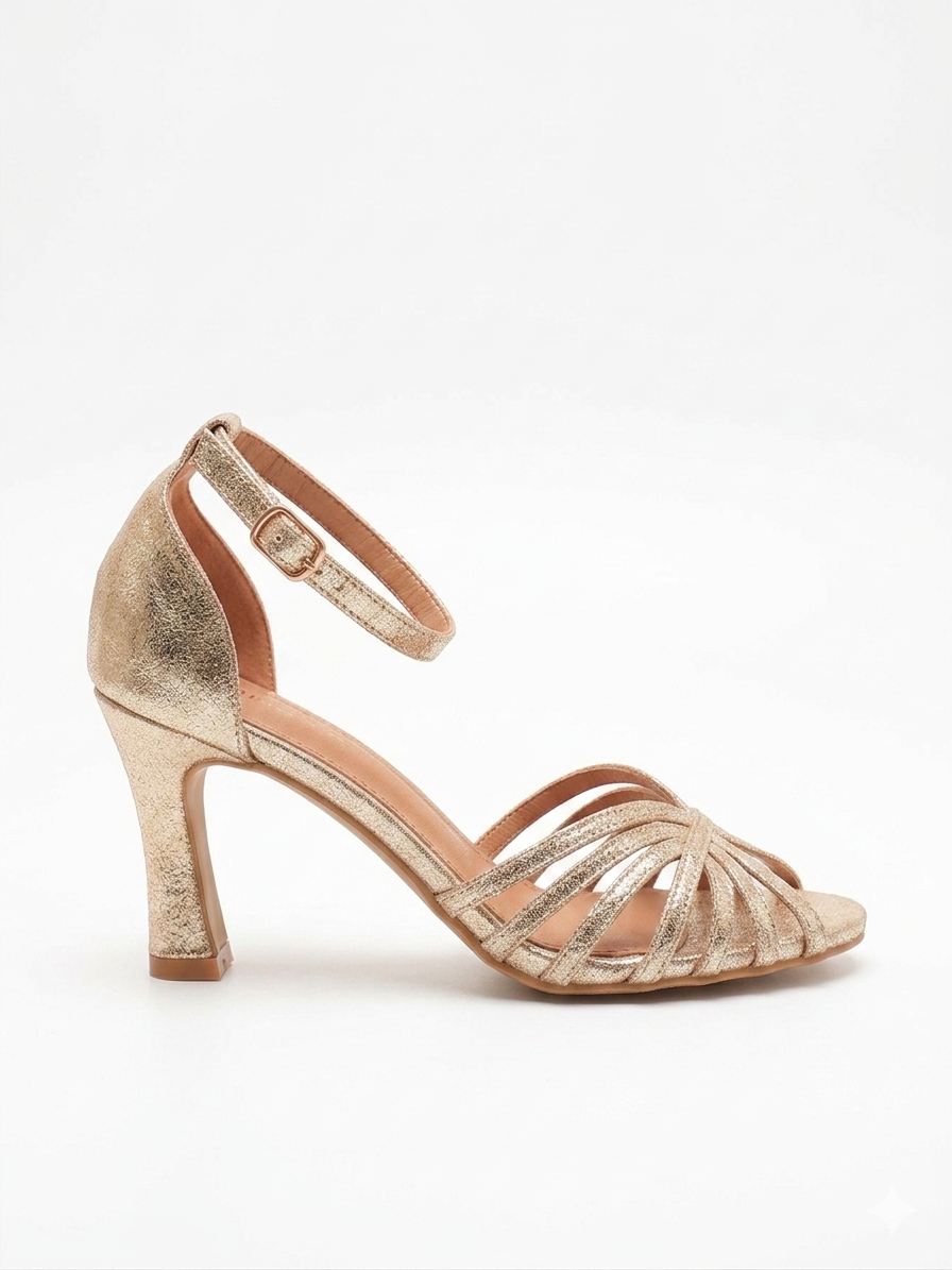 Sandales à Talons Hauts Effet Métallisé et Brides Entrelacées - Champagne Doré