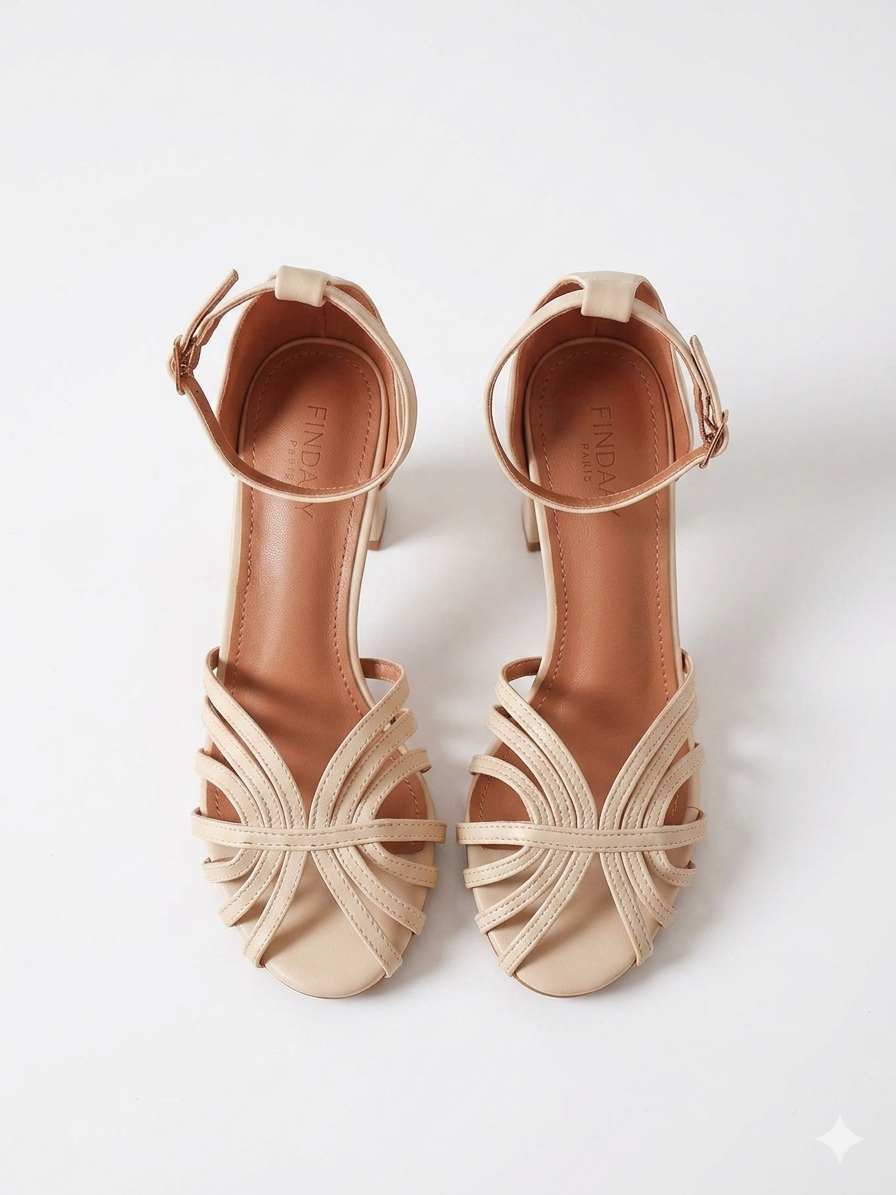 Sandales à Talons Hauts Effet Métallisé et Brides Entrelacées - Beige Clair
