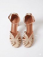 Sandales à Talons Hauts Effet Métallisé et Brides Entrelacées - Beige Clair