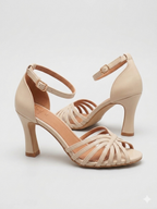 Sandales à Talons Hauts Effet Métallisé et Brides Entrelacées - Beige Clair