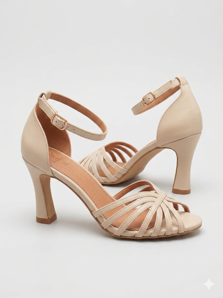 Sandales à Talons Hauts Effet Métallisé et Brides Entrelacées - Beige Clair