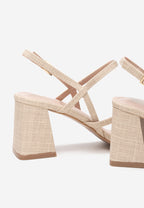 Sandale à talon carré beige en textile