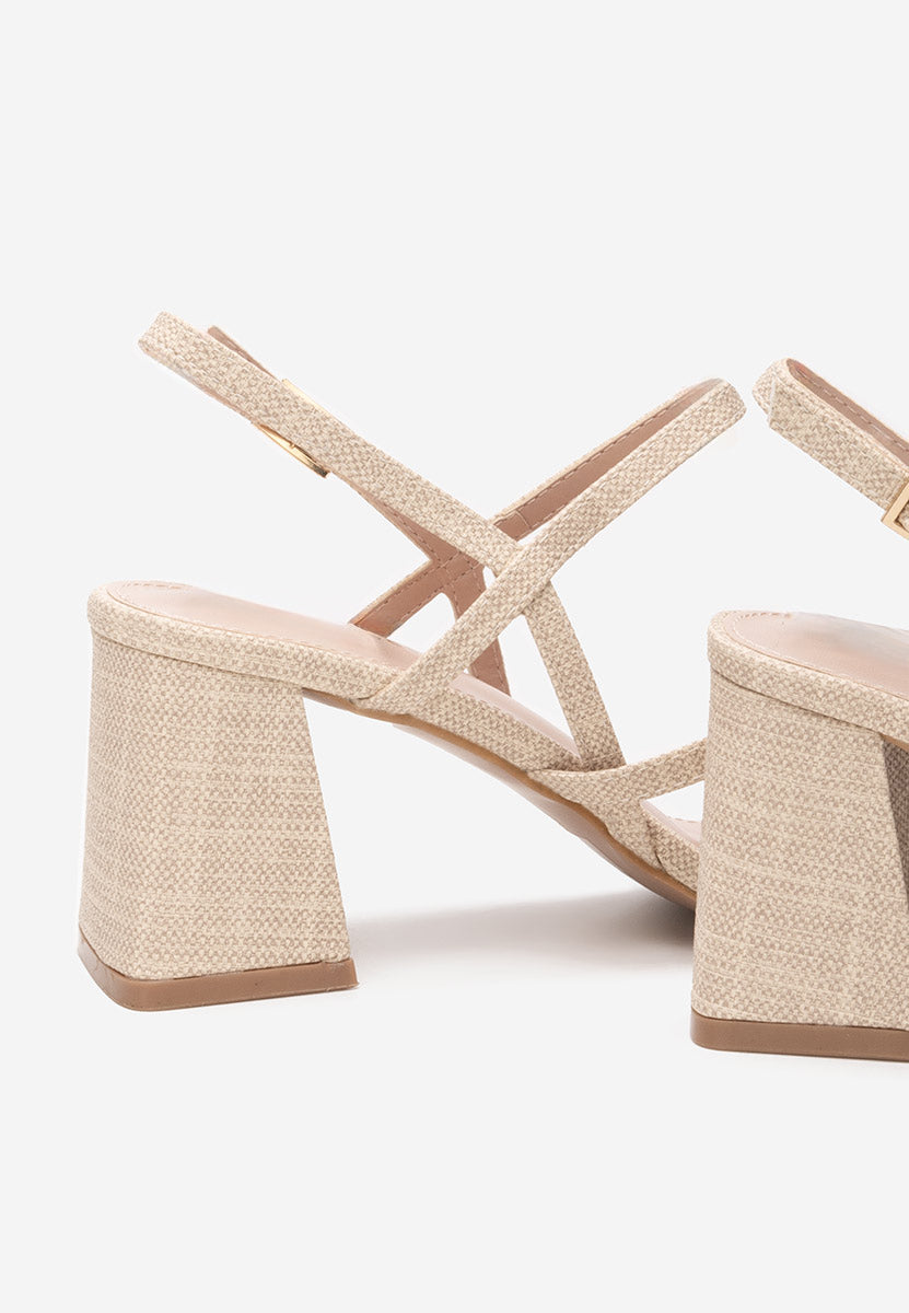 Sandale à talon carré beige en textile