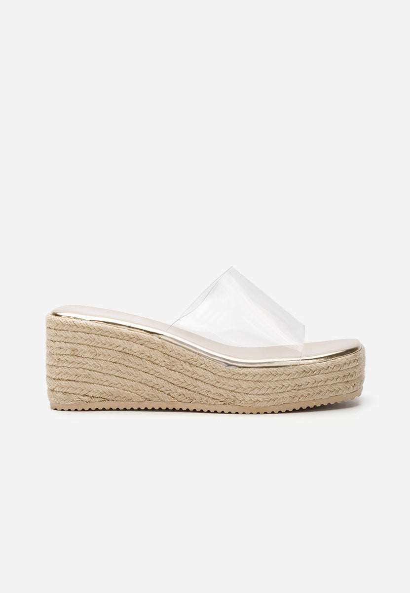 Mule compensée transparente, semelle dorée