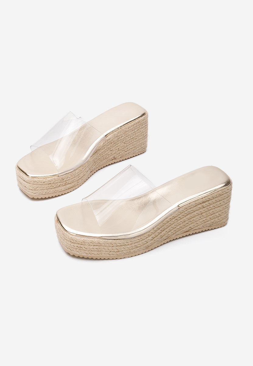 Mule compensée transparente, semelle dorée