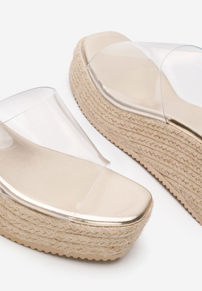 Mule compensée transparente, semelle dorée