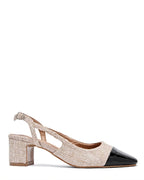 Slingback en textile a petit talon et bout noir vernis