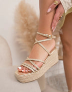 Sandales Compensées à Plateforme Espadrille et Brides Tressées - Or Solaire
