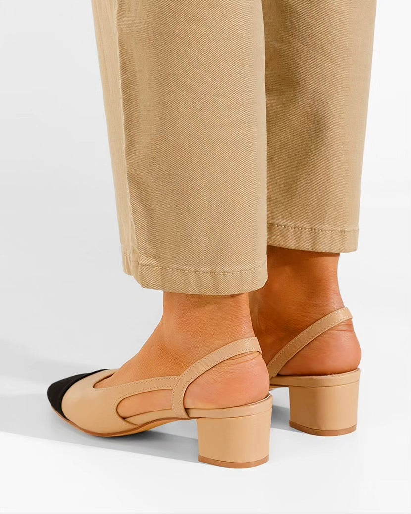 Slingbacks Apricot à Talon Bloc et Bout Contrasté