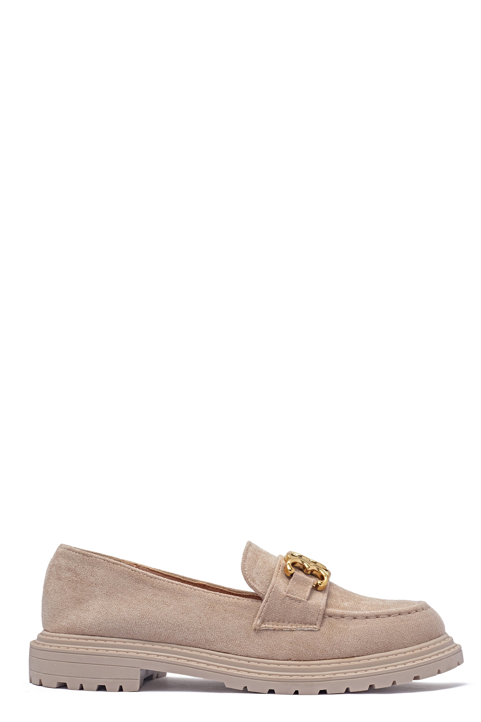 Mocassin en daim beige avec bijou doré