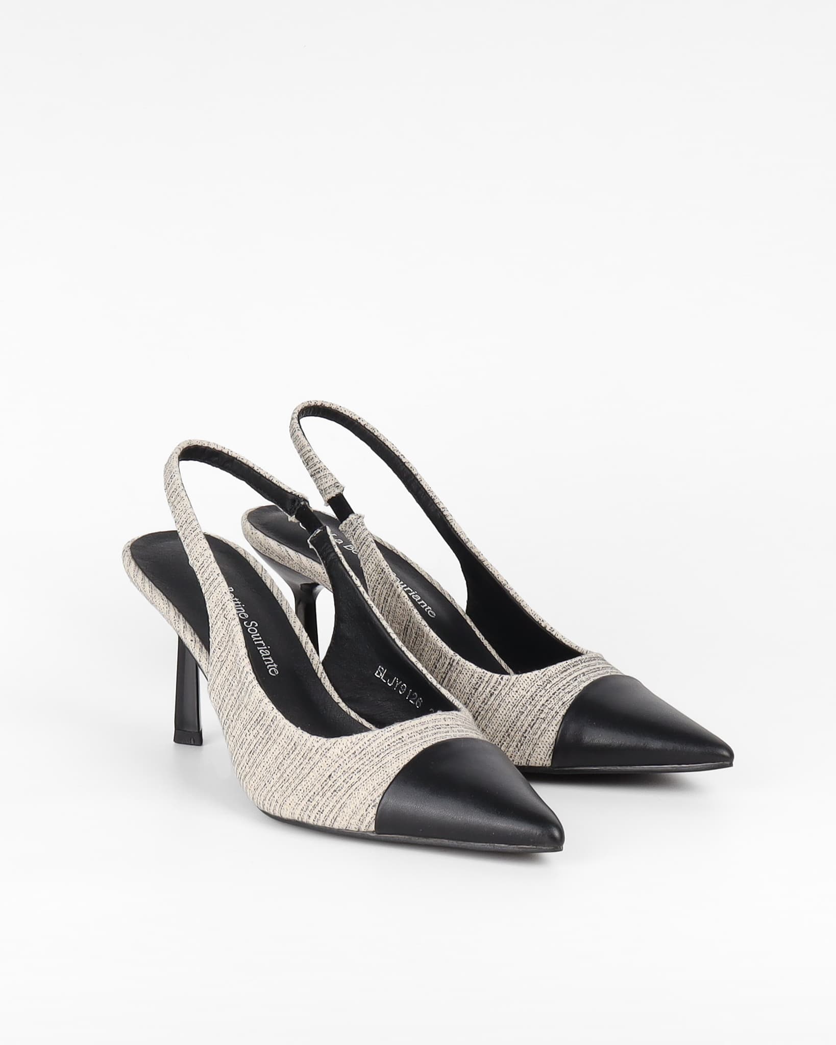 Slingback français tissu beige et noir en textile