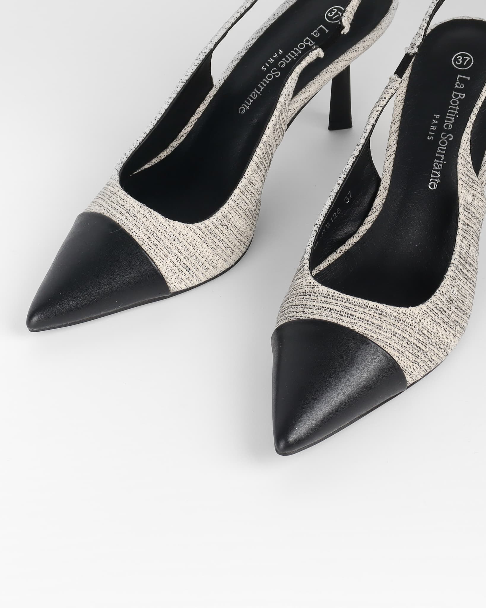 Slingback français tissu beige et noir en textile