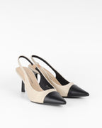 Slingback français tissu beige et doré en textile