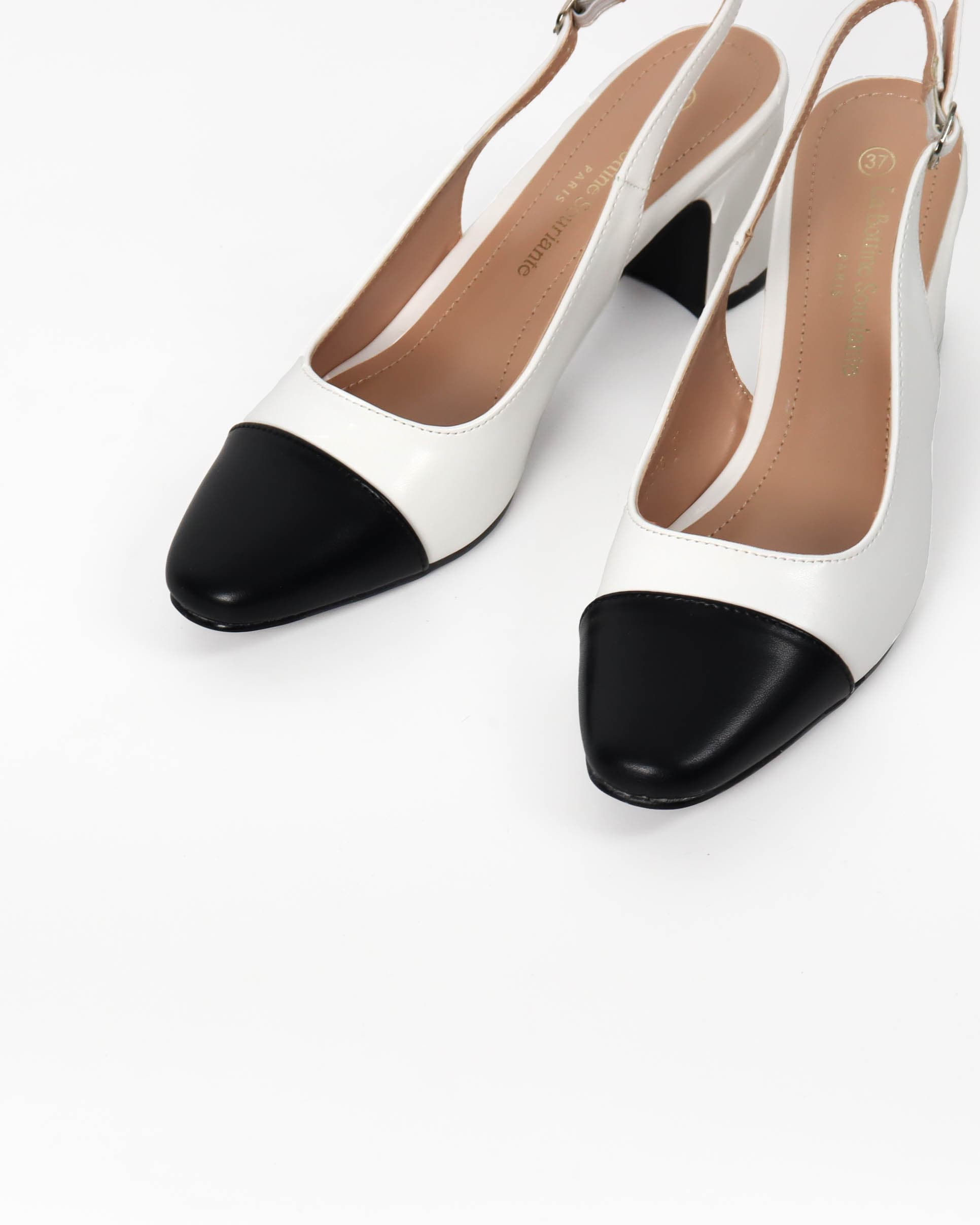 Slingback blanc et noir à talon carré