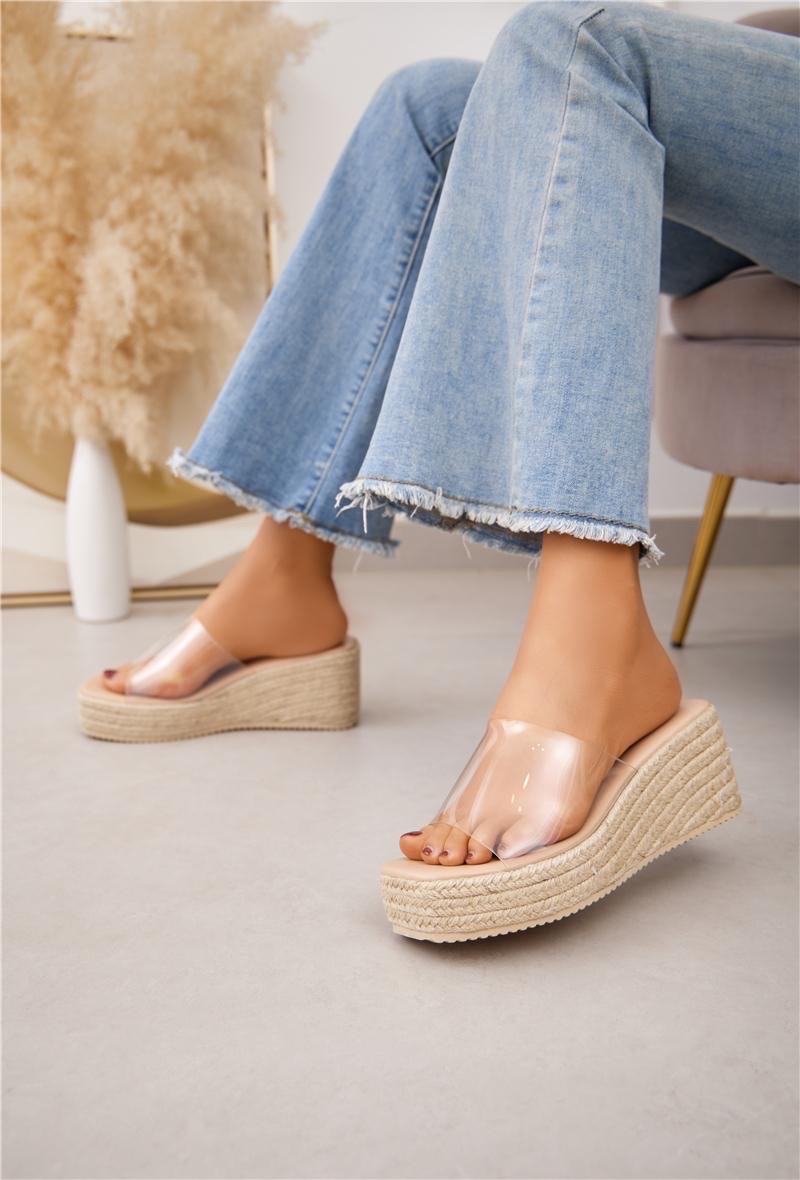 Mule compensée transparente, semelle beige