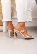 Sandale à talon beige avec vinyle transparent