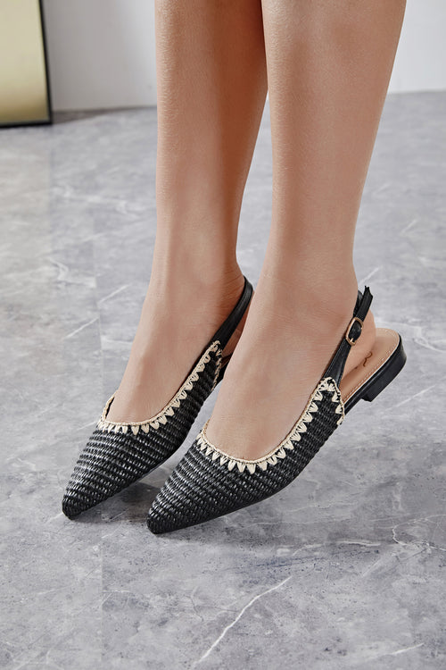 Ballerine slingback pointue noir a bride arrière en paille