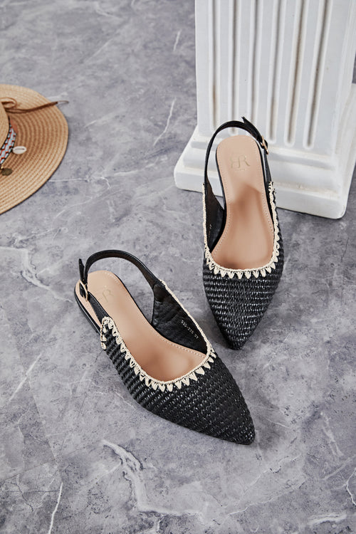 Ballerine slingback pointue noir a bride arrière en paille