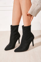 Bottines Effet Chaussette en Suédine Noires à Talon Aiguille