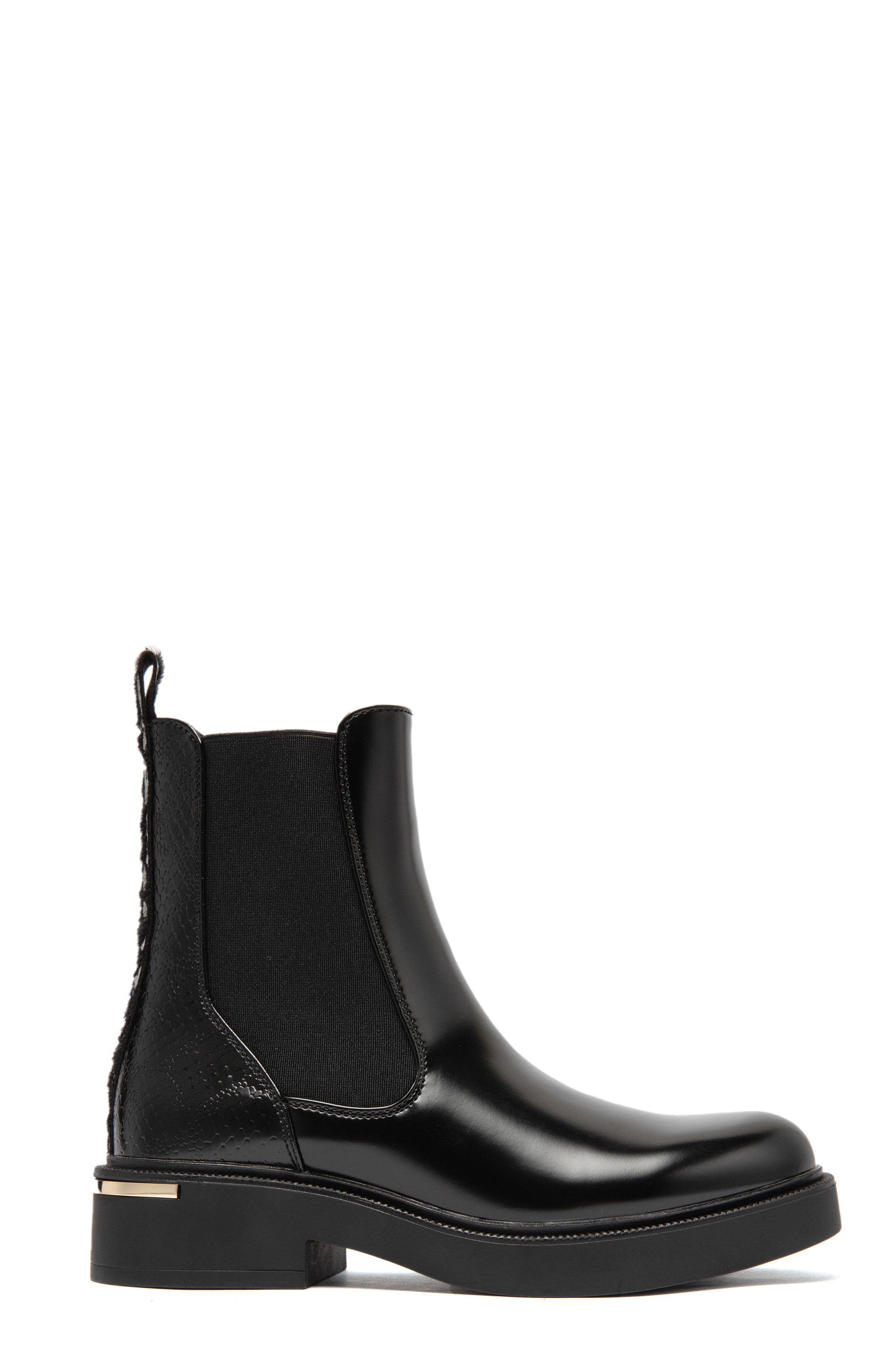 Bottines Chelsea Élégantes – Noir Verni et Détails Croco