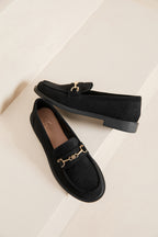 Mocassins Classiques en Suédine Noire avec Mors Doré