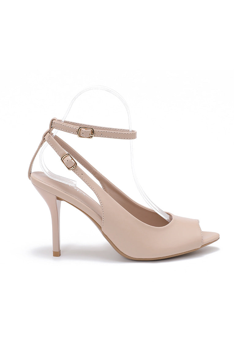 Escarpins à Brides de Cheville Doubles et Bout Ouvert - Beige Nude