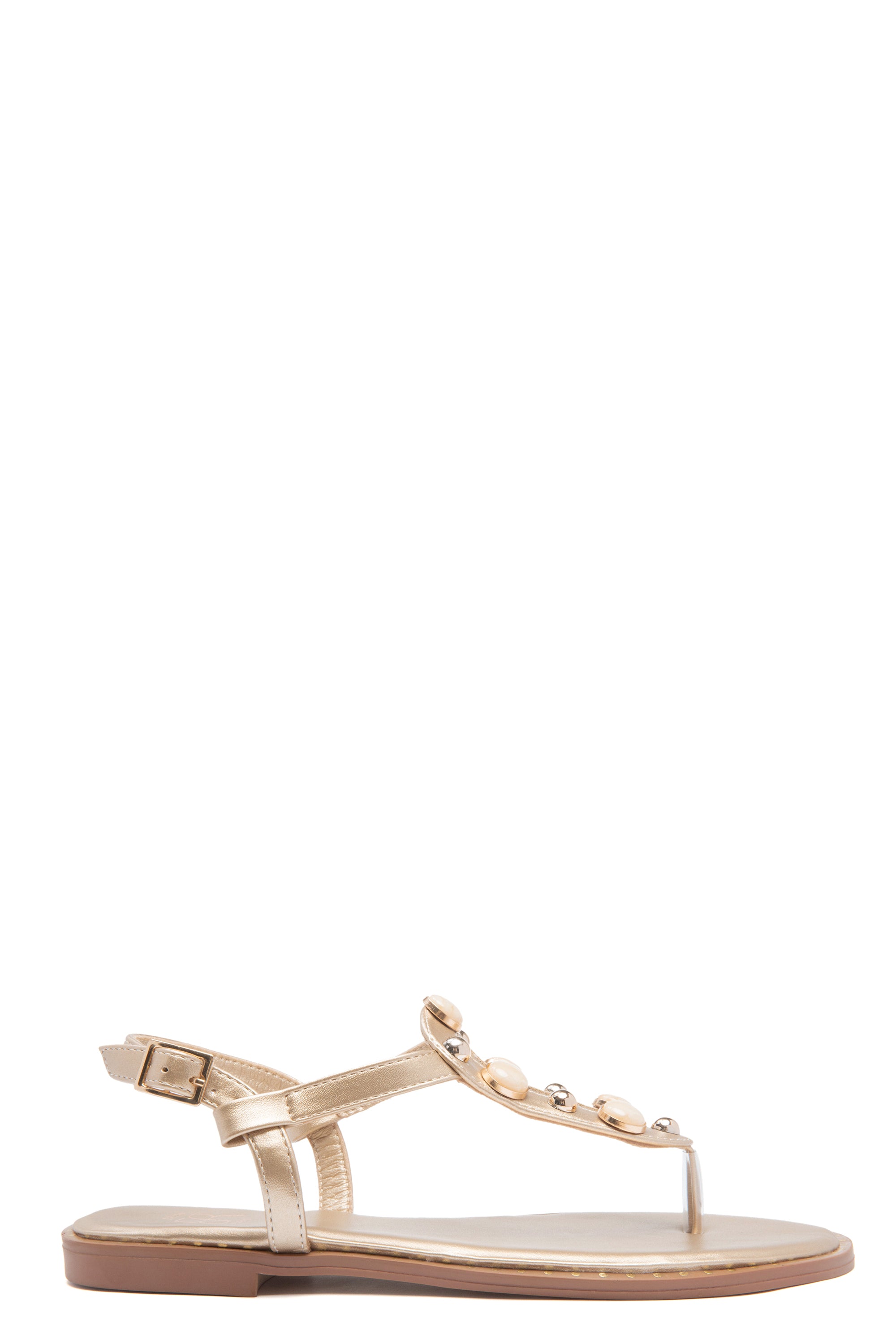 Sandales plates dorées à perles nacrées – Style nu-pieds chic d'été