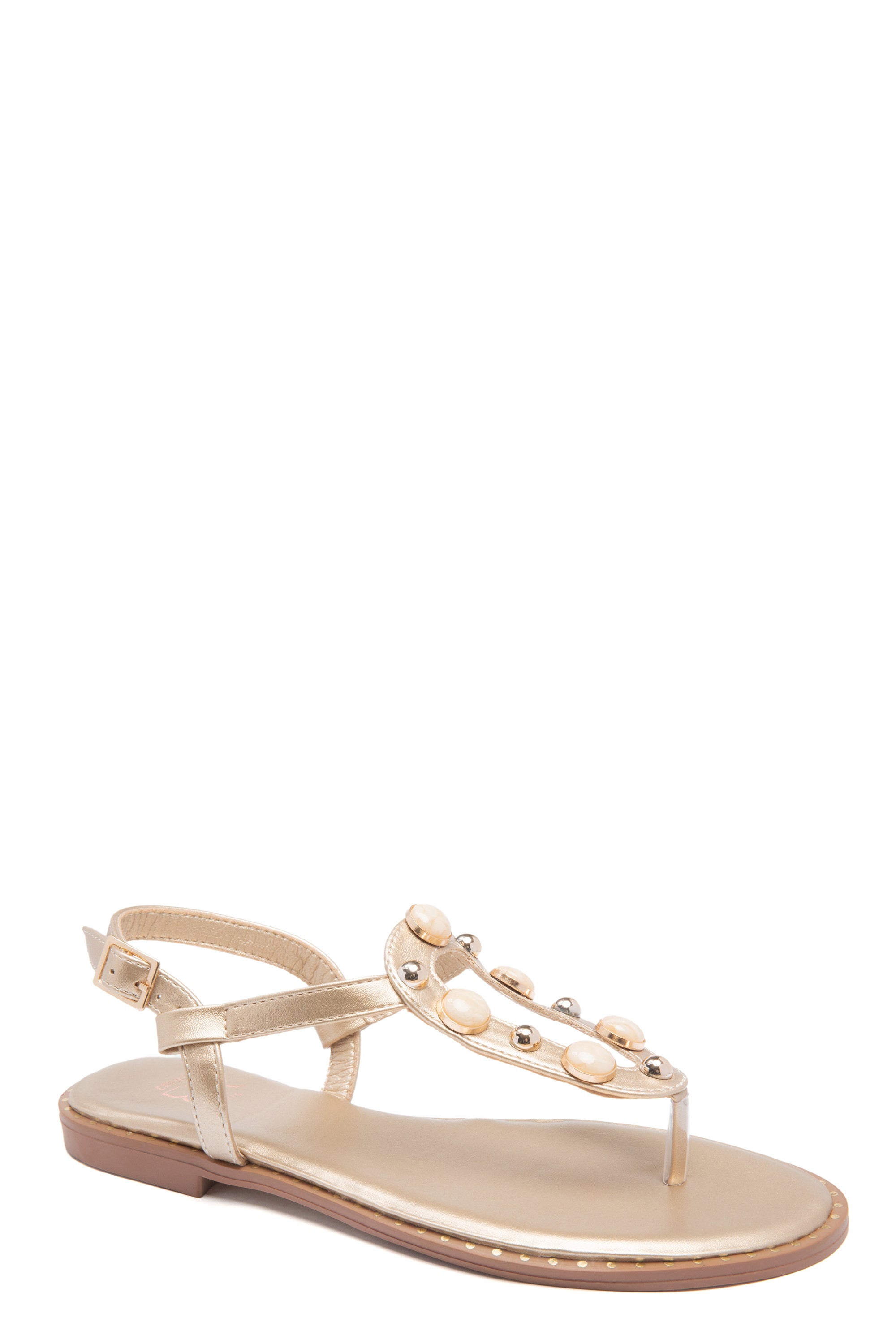 Sandales plates dorées à perles nacrées – Style nu-pieds chic d'été
