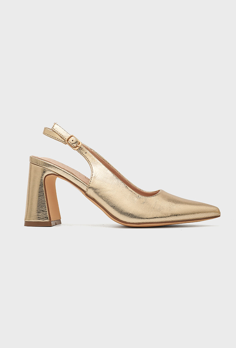 Escarpins Slingback Dorés à Talon Carré et Bout Pointu