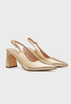 Escarpins Slingback Dorés à Talon Carré et Bout Pointu