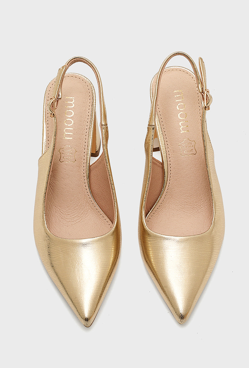 Escarpins Slingback Dorés à Talon Carré et Bout Pointu