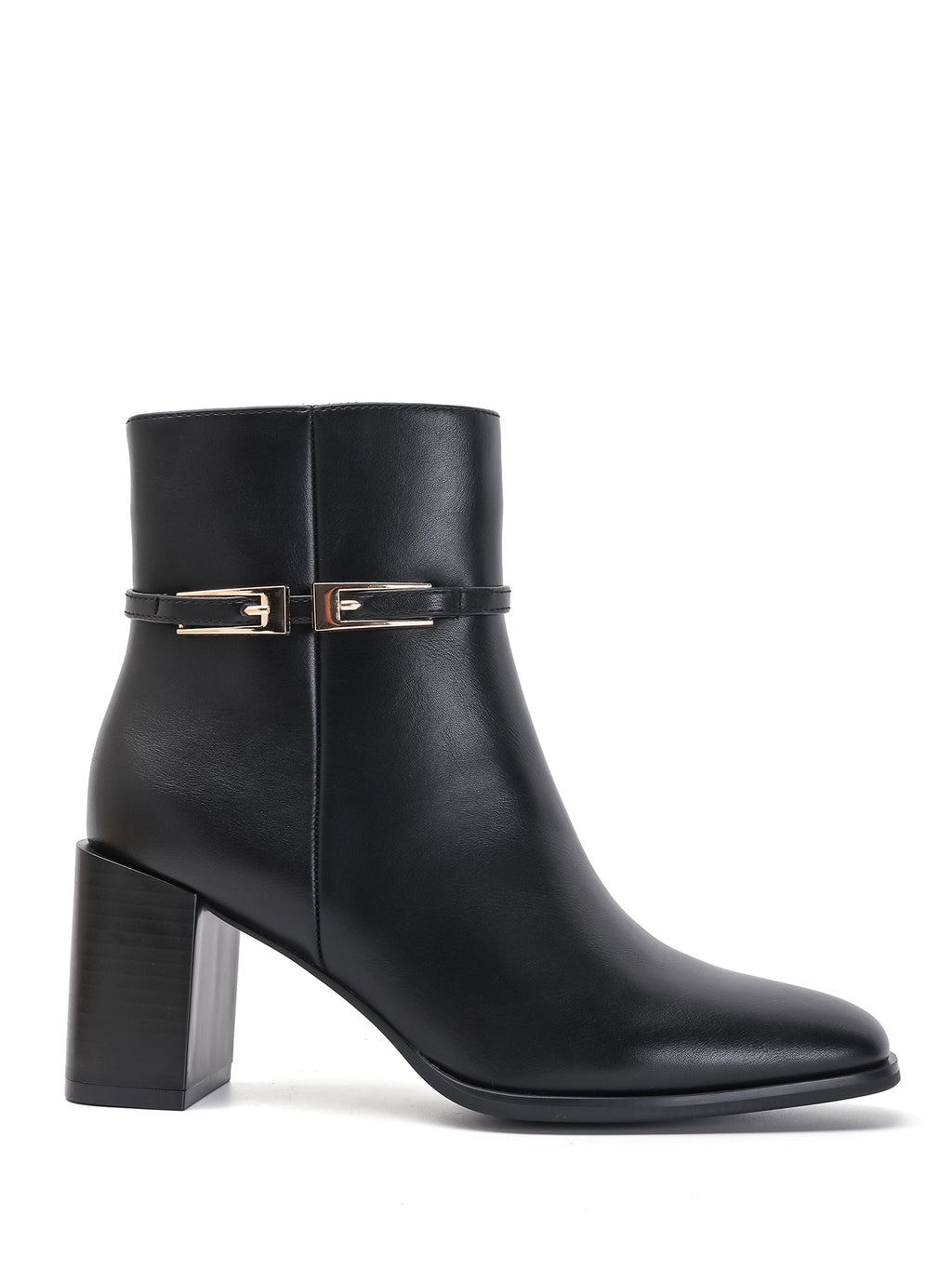 Bottines en noir à bride dorée et talon bloc
