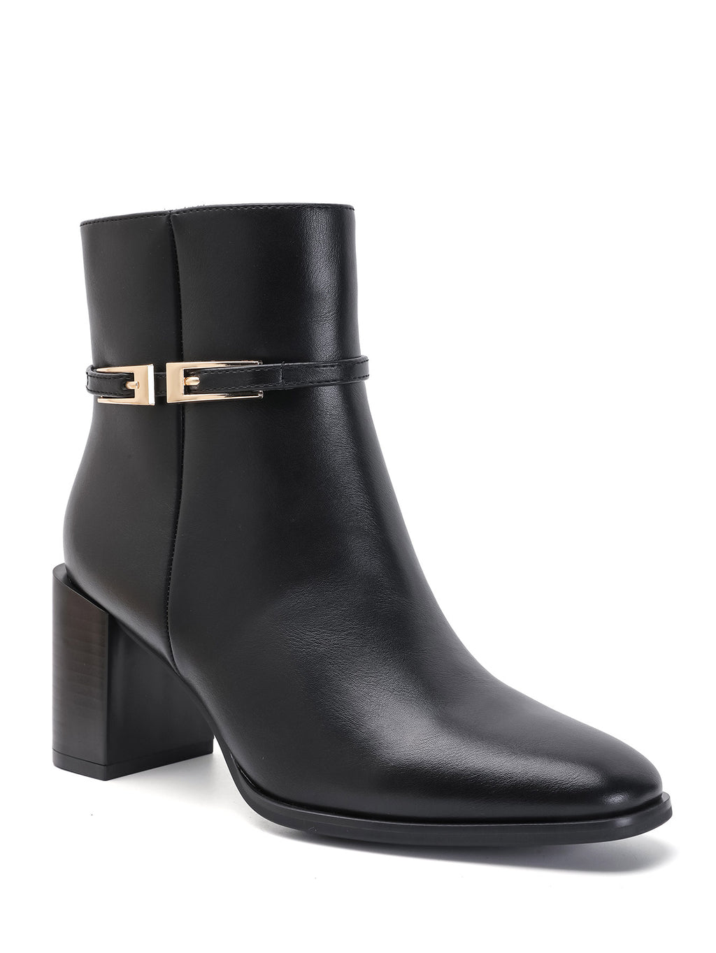 Bottines en noir à bride dorée et talon bloc