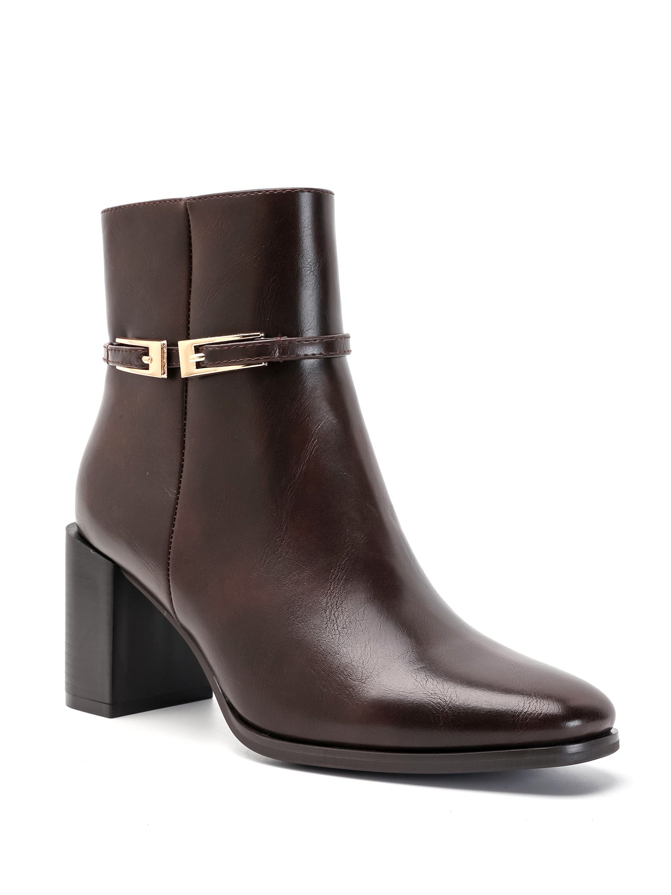 Bottines en marron à bride dorée et talon bloc