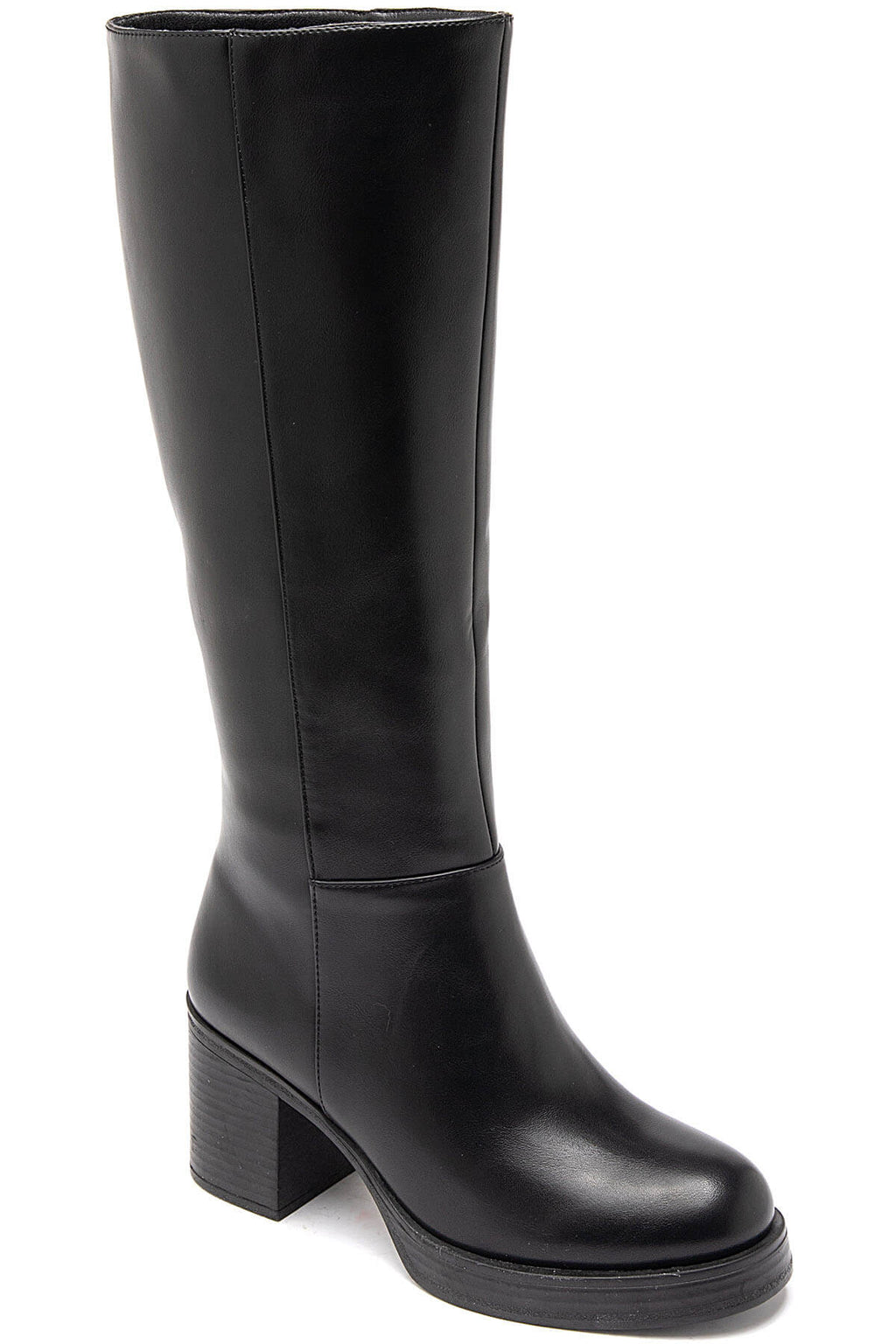 Bottes Hautes Noires à Talon Carré et Semelle Crantée