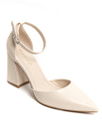 Escarpins Beige à Bout Pointu et Talon Carré avec Bride Cheville