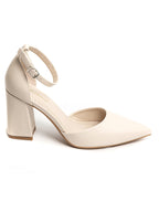 Escarpins Beige à Bout Pointu et Talon Carré avec Bride Cheville