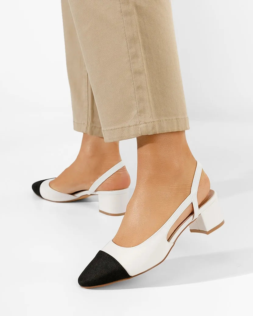 Slingbacks Blanc à Talon Bloc et Bout Contrasté