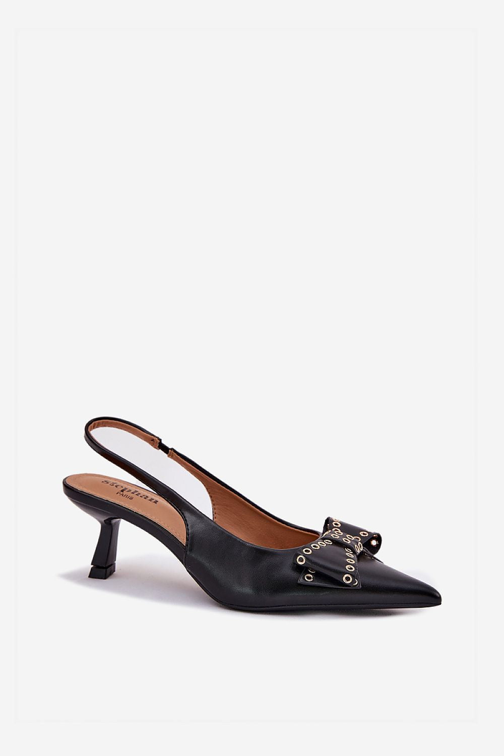 Escarpin slingback noir à petit talon et nœud clouté