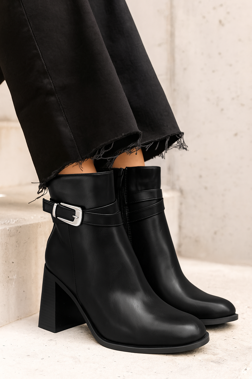 Femme Bottes Hautes En Cuir Talon Bloc Bordeaux Avec Boucles